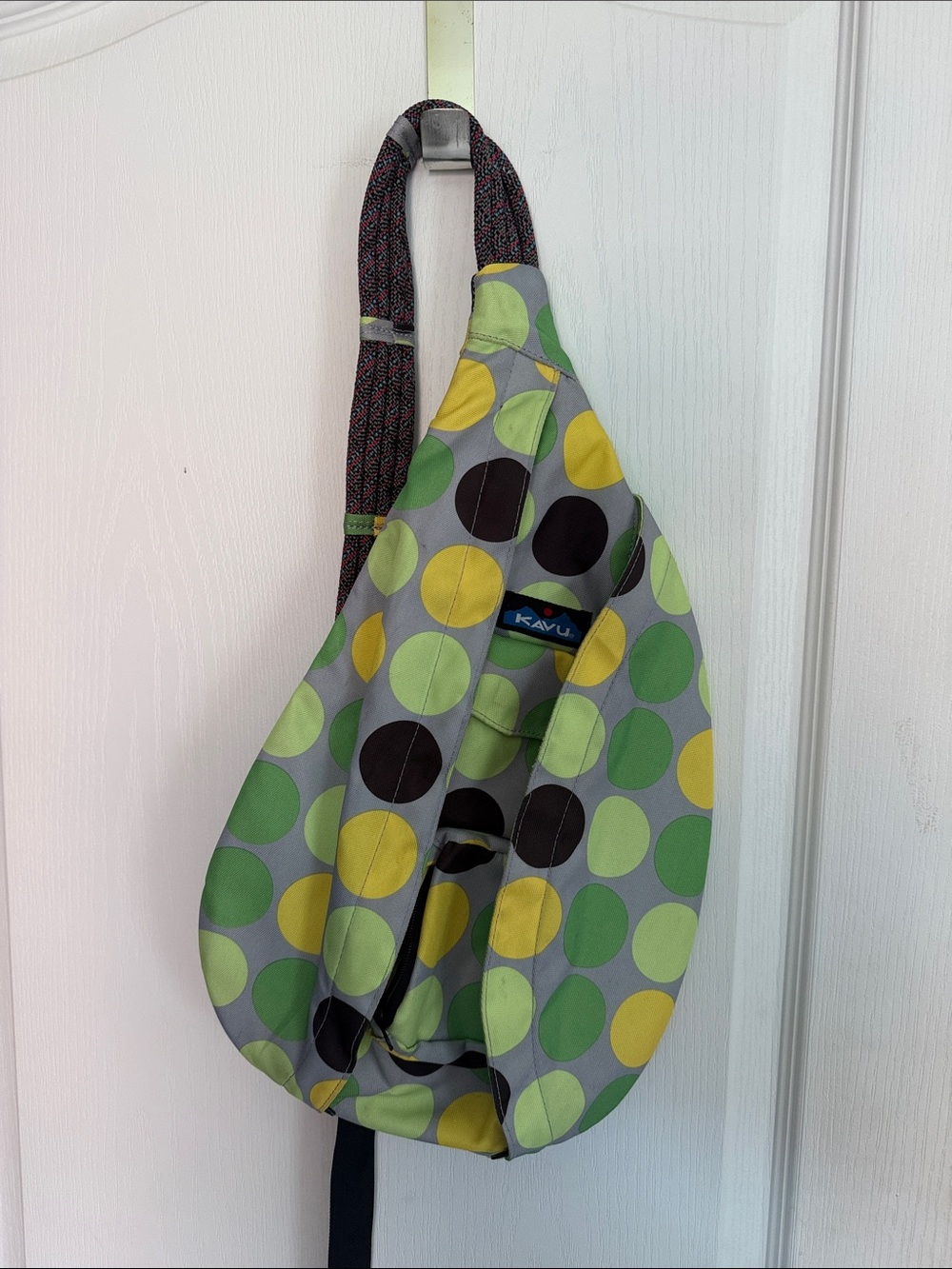 Kavu Polka Dot Sling Bag in Gray, Green & Yellow